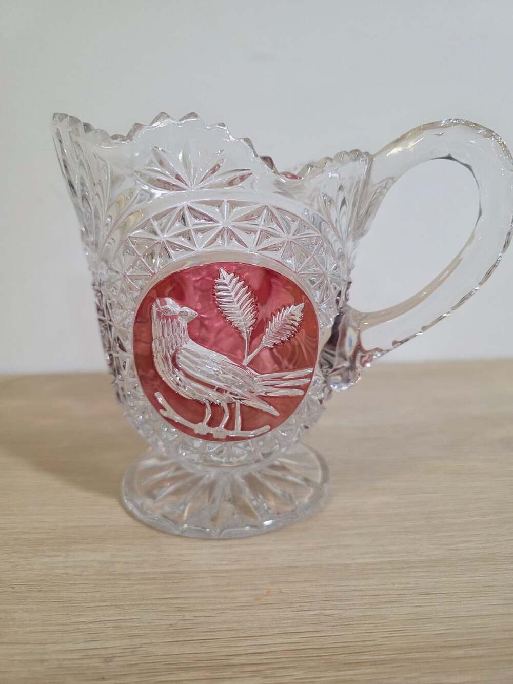 VTG Hofbauer Ruby Byrde Lead Crystal Pitcher 24 oz Footed 6.5" Germany Cut Glass